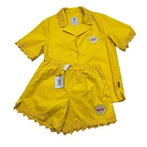NWT Savage X Fenty 2-pc Sleepwear Set Button Down Top - Shorts SMALL Yellow Lace